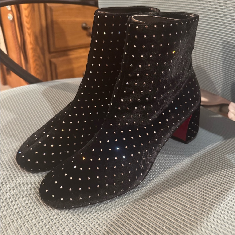 Christian Louboutin black velour crystal studded ankle boots